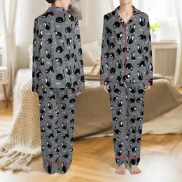 Unisex Tuxedo Cat Lounge Pants: Playful Charcoal Grey All-Over Feline Print - Soft Cotton Blend Satin Pajamas Set