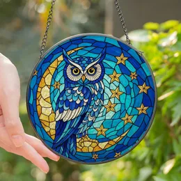 Celestial Dreamers' Intricate Stained Glass Owl Moon Mosaic Night Sky Blue Teal Golden Amber Jewel Tones Stained Glass Suncatcher
