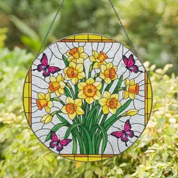 Garden Lovers' Tiffany Style Translucent Stained Glass Daffodils Orange Yellow Pink Blue Butterflies Verdant Green Mosaic Stained Glass Suncatcher