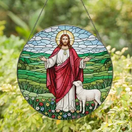 Stained Glass Art Lovers' Glowing Jewel Tone Tiffany Jesus Lamb Intricate Pastoral Mosaic Stained Glass Suncatcher