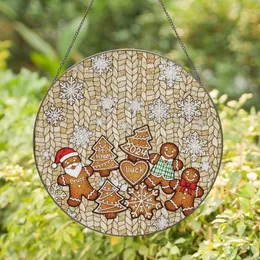 Holiday Enthusiasts' Cheerful Stained Glass Gingerbread Cookie Mosaic, Red & Gold Tiffany Style Knit Background Stained Glass Suncatcher