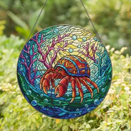 Ocean Lovers' Tiffany Style Hermit Crab Jewel Tone Blue Teal Orange Geometric Art Stained Glass Suncatcher