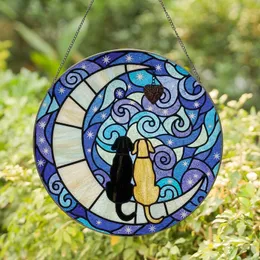 Dog Lovers' Jewel-Toned Stained Glass Crescent Moon Canine Companions Night Sky Mosaic Art Black Golden Yellow Stained Glass Suncatcher
