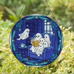 Whimsical Art Lovers' Tiffany Stained Glass Reading Ghosts Indigo Teal Golden Floral Mosaic Stained Glass Suncatcher