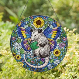 Whimsical Nature Lovers' Stained Glass Opossum Reading Intricate Butterfly Wings Floral Mosaic Jewel Tones Stained Glass Suncatcher