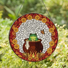 Fantasy Art Enthusiasts' Jewel Tone Stained Glass Frog Cauldron Marigold Autumn Leaf Mosaic Art Stained Glass Suncatcher