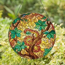 Nature Lovers' Vibrant Jewel Tone Tiffany Stained Glass Coiled Snake Lush Leaves Mosaic Stained Glass Suncatcher