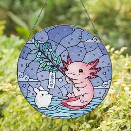 Fantasy Lovers' Glowing Pink Axolotl Periwinkle Stained Glass Tiffany Mosaic Art Stained Glass Suncatcher