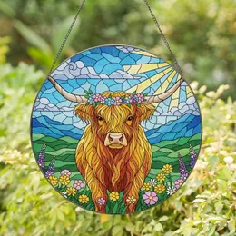 Nature Lovers' Intricate Stained Glass Highland Cow Golden Fur Floral Wreath Radiant Sun Wildflower Mosaic Stained Glass Suncatcher