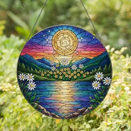 Art Lovers' Luminous Stained Glass Full Moon Mosaic Jewel Tone Twilight Landscape with Stars, Daisies, & Reflective Mountains Stained Glass Suncatcher