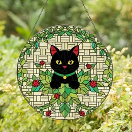 Cat Lovers' Vibrant Stained Glass Black Cat Green Leaf Red Ladybug Woven Mosaic Art Stained Glass Suncatcher