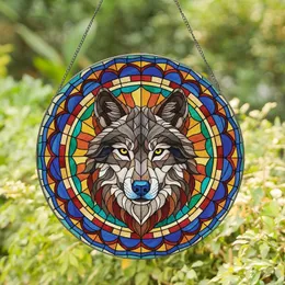 Wolf Lovers' Intricate Stained Glass Wolf Head Blues Amber Radiant Mosaic Pattern Stained Glass Suncatcher