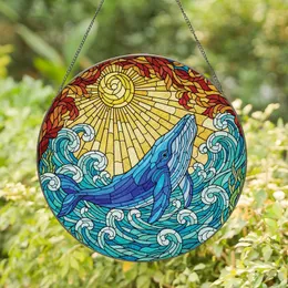 Ocean Lovers' Tiffany Style Stained Glass Blue Whale Golden Sunburst Ocean Art Stained Glass Suncatcher