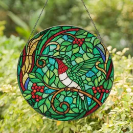 Nature Lovers' Ruby-Throated Hummingbird Stained Glass Art Emerald Green & Ruby Red Botanical Mosaic Stained Glass Suncatcher