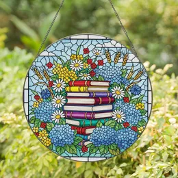 Book Lovers' Red Yellow Blue Green Stained Glass Book Stack Wildflowers Tiffany Style Art Stained Glass Suncatcher