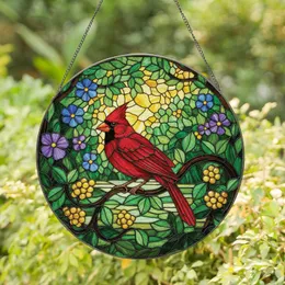 Nature Lovers' Vibrant Ruby Cardinal Stained Glass Art, Emerald Vines, Amber Beads, Lush Green Mosaic Stained Glass Suncatcher