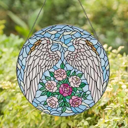 Women's Tiffany Stained Glass Angel Wings Golden Trim, Pink Fuchsia Roses, Emerald Leaves, Ethereal Sky Mosaic Stained Glass Suncatcher