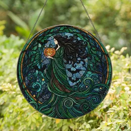 Fantasy Art Lovers' Tiffany Stained Glass Witch Jack-o'-Lantern Emerald Amber Bat Mosaic Swirl Stained Glass Suncatcher