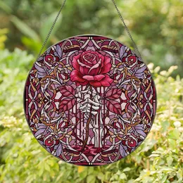 Gothic Art Lovers' Tiffany-Inspired Skeletal Hand Dripping Crimson Rose Stained Glass Mosaic Lilac Plum Stained Glass Suncatcher