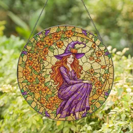 Whimsical Art Fans' Stained Glass Witch Tiffany Style Golden Moon Floral Jewel Tones Pattern Stained Glass Suncatcher