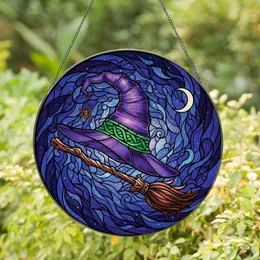 Fantasy Art Lovers' Glowing Tiffany Stained Glass Witch Hat Broom Purple Green Bronze Night Sky Stained Glass Suncatcher