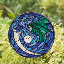 Cosmic Fantasy Art Enthusiasts' Stained Glass Scythe Clock Emerald Teal Purple Galactic Mosaic Stained Glass Suncatcher
