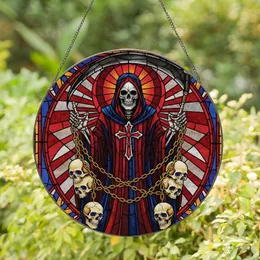 Gothic Art Lovers' Mystical Tiffany Style Stained Glass Grim Reaper Scythe Skull Chains Cross Geometric Mosaic Red Amber Blue Stained Glass Suncatcher