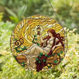 Art Lovers' Tiffany Stained Glass Serene Woman Pensive Lantern Emerald Ivy Maroon Gown Warm Mosaic Stained Glass Suncatcher