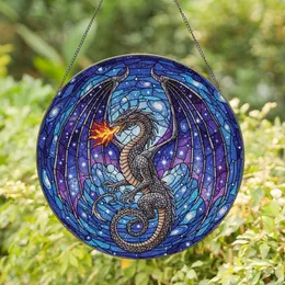 Dragon Enthusiasts' Tiffany Stained Glass Dragon Cosmic Nebula Art in Deep Blue & Fiery Orange Stained Glass Suncatcher