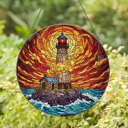 Art Lovers' Intricate Stained Glass Lighthouse Seascape Orange Blue Red Jewel Tones Stained Glass Suncatcher