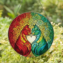 Cat Lovers' Vibrant Stained Glass Tiffany Cats Heart Embrace Jewel Tone Red Orange Blue Green Mosaic Stained Glass Suncatcher
