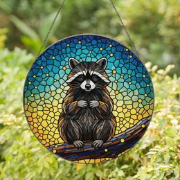 Raccoon Lovers' Intricate Stained Glass Raccoon & Celestial Sky Mosaic Deep Blue Teal Amber Stained Glass Suncatcher