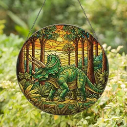 Dinosaur Lovers' Majestic Stained Glass Triceratops Prehistoric Jungle Emerald Golden Amber Tiffany Art Stained Glass Suncatcher