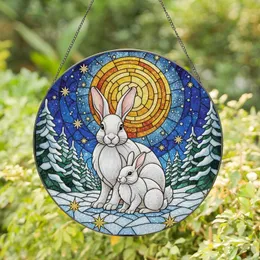 Rabbit Lovers' Intricate Stained Glass Rabbits Golden Moon Sapphire Blue Winter Mosaic Stained Glass Suncatcher