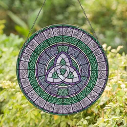 Celtic Art Lovers' Vibrant Purple Emerald Green Stained Glass Triquetra Knot Mosaic Stained Glass Suncatcher