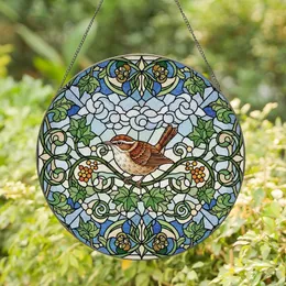 Nature Lovers' Detailed Tiffany Stained Glass Wren Bird Emerald Ivy Amber Berry Mosaic Stained Glass Suncatcher