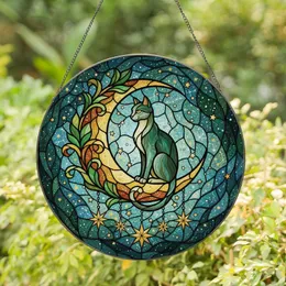 Stained Glass Art Lovers' Serene Cat Moon Celestial Cosmic Emerald Green Amber Gold Teal Blue Stained Glass Suncatcher