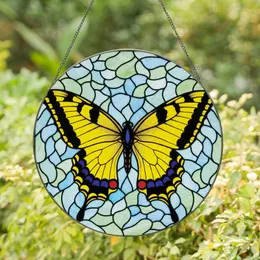 Women's Vibrant Tiffany Stained Glass Yellow Swallowtail Butterfly Intricate Blue Red Mosaic Stained Glass Suncatcher