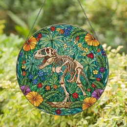 Prehistoric Art Fans' Vibrant Stained Glass T-Rex Jungle Hibiscus Tapestry Stained Glass Suncatcher
