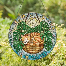 Cat Lovers' Vibrant Tiffany Stained Glass Sleeping Tabby Cat Emerald Philodendron Mosaic Stained Glass Suncatcher
