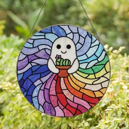 Eclectic Style Enthusiasts' Vibrant Tiffany Glass Ghost Cactus Rainbow Mosaic Stained Glass Suncatcher