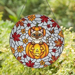 Autumn Cat Lovers' Tiffany Stained Glass Siamese Cat Pumpkin Autumn Leaves Intricate Mosaic Pattern Stained Glass Suncatcher