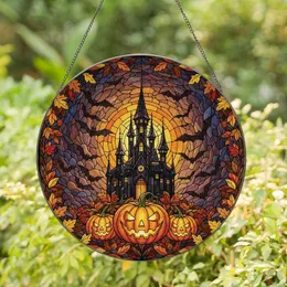 Gothic Art Fans' Stained Glass Haunted Castle, Jack-O'-Lanterns, Bats, Autumn Foliage & Amber Jewel Tones Stained Glass Suncatcher