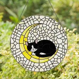 Cat Lovers' Luminous Tiffany Style Stained Glass Sleeping Tuxedo Cat Crescent Moon Cosmic Mosaic Stained Glass Suncatcher