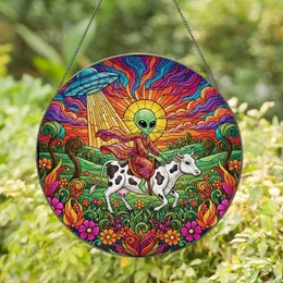 Vibrant Art Enthusiasts' Intricate Stained Glass Alien Cow UFO Jewel Tone Fantasy Pattern Stained Glass Suncatcher