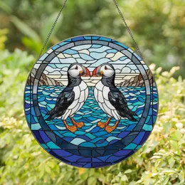 Puffin Lovers' Vibrant Red Orange Black White Tiffany Style Stained Glass Atlantic Puffin Mosaic Stained Glass Suncatcher