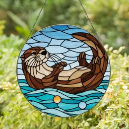Nature Lovers' Vibrant Jewel Tone Stained Glass Otter Mosaic, Flowing Water & Geometric Sky Stained Glass Suncatcher