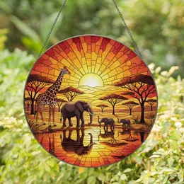 Wildlife Enthusiasts' Tiffany Stained Glass Savanna Sunset Giraffe Elephant Mosaic Stained Glass Suncatcher