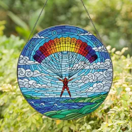 Adventure Seekers' Vivid Stained Glass Skydiver Rainbow Parachute Intricate Jewel Tone Mosaic Stained Glass Suncatcher