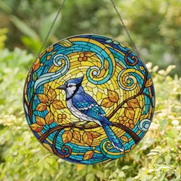 Art Admirers' Vibrant Tiffany Style Blue Jay Deep Blue Amber Stained Glass Mosaic Stained Glass Suncatcher